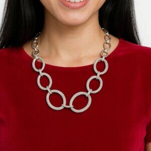 Textured Chain Necklace Rhinestones Silver Tone Adjustable Length To 19 1/2"